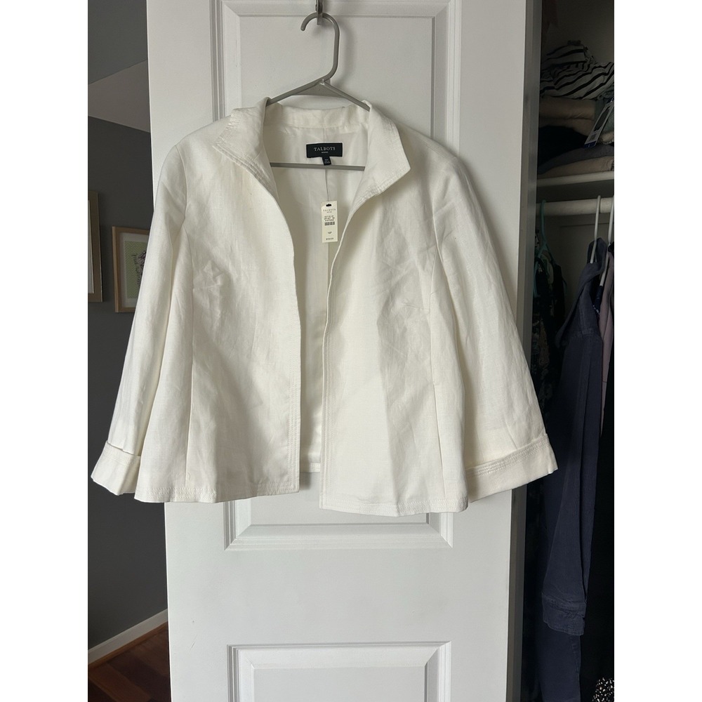 NWT Talbots 100% Linen Blazer White Open Front Cuffed 3/4 Sleeve Size 16 Petite